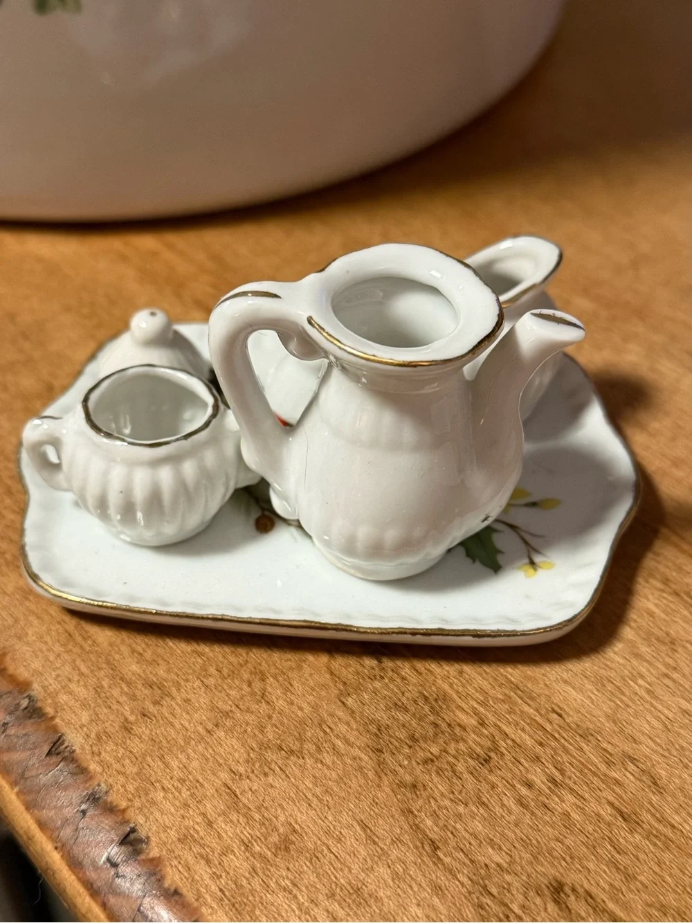 Vintage Christmas Miniature Ceramic Tea Set - White with Holly Motif